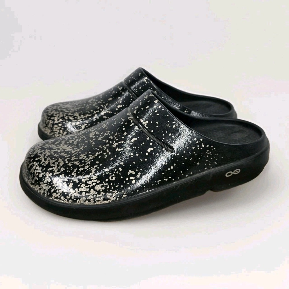 Black Gold Speckled Oofos Slip-on M 10 W 12 Mule Recovery Slide
